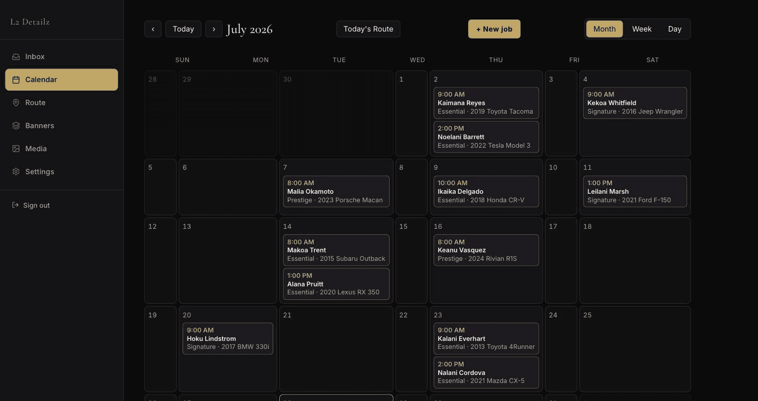 L2 Detailz admin calendar in month view with scheduled detailing jobs listed across the days of the month.